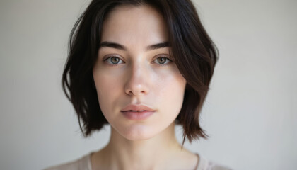 Fototapeta premium Minimalist close-up of young woman with fair skin, short dark hair, sharp features. Natural light accentuates serene expression. Neutral toned clothing. Beauty, skincare, fashion themes.