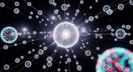 A network of glowing quantum particles connected in space. Abstract concept of quantum computing, data connections, and future technology.