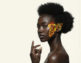 Vogue-style portrait of beautiful African woman with afro hairstyle. Face features abstract colorful graphic symbol resembling Africa continent, contour art, creative makeup. Elegant lady, ebony