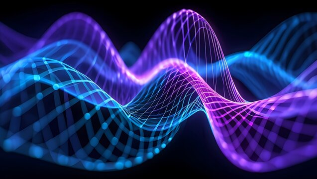 Abstract digital waves with vibrant blue and purple colors on a black background - Powered by Adobe