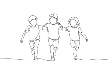 Three children walking together with arms around each other in a simple line drawing