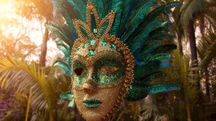 Fototapeta premium A vibrant carnival mask with golden-green feathers and sequins, set against tropical foliage. 