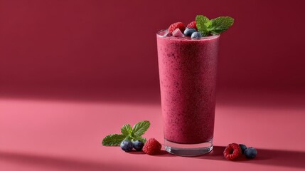 Berry Bliss: A refreshing berry smoothie, adorned with fresh mint leaves and ripe berries, poised on a vibrant background, embodies the essence of pure refreshment.