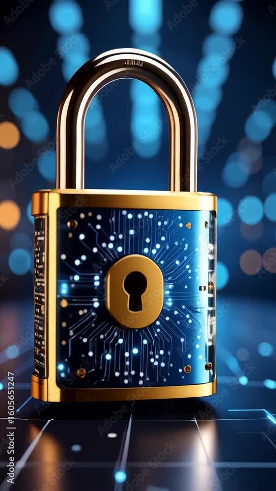 Poster a secure digital golden padlock features a circuit board design on a dark background, digital securi