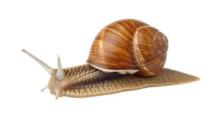 Close-up of a brown snail against a black background.