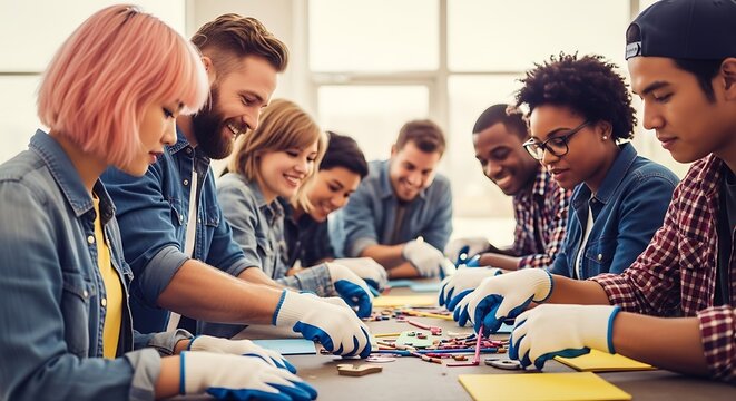 Diverse group of people working collaboratively at a table.