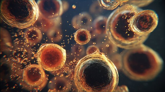Microscopic yeast cells are bubbling and swirling in a fermenting liquid, showcasing the biological process of fermentation at high gravity