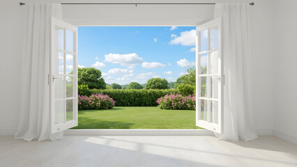 Open French doors reveal a vibrant, sunlit garden scene with manicured lawn, hedges, and flowering plants.