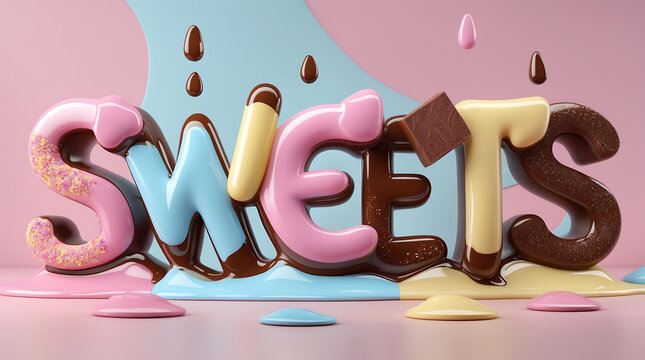 Gooey chocolate and pastel-colored candy letters spelling "SWEETS," dripping with melted confectionery.