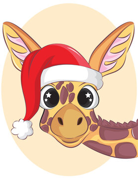 Portrait of a cute Giraffe. Greeting Christmas Card Vector illustration.