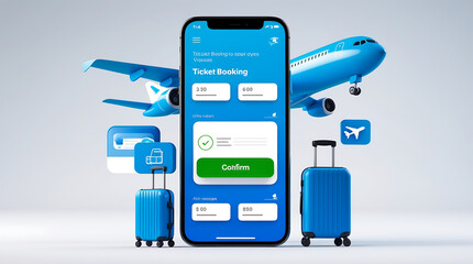Mobile app interface for booking airline tickets, showcasing ease of travel planning with visual elements of airplane, luggage, and confirmation.