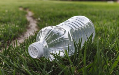 A plastic bottle lying on the green grass