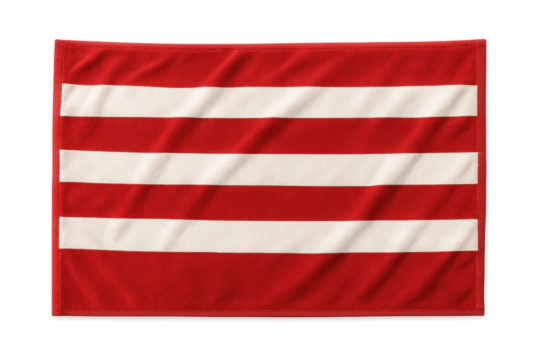 Red beach towel with three white horizontal stripes waving gently, isolated on transparent background
