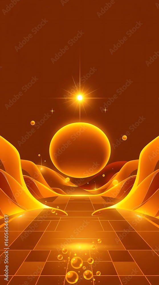 Poster abstract futuristic landscape with glowing sphere and wave-like structures design