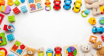 Colorful assortment of toys arranged in a frame on a white surface.