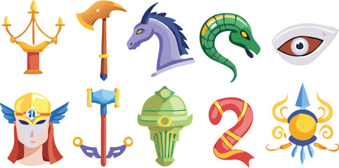Collection of mythical creatures and fantasy objects in a stylized cartoon aesthetic isolated on transparent background