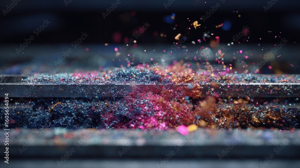 Poster nanopowder particles bursting and blending, generating dynamic visual spectrum of vivid colors swirl