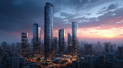 Fototapeta premium Stunning Sunset Panorama of Modern Skyscrapers in a Thriving Metropolis