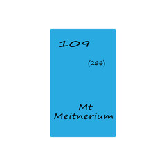 One hundred nine 109 Mt. Meitnerium element display. Number 266 value. Vector periodic table.