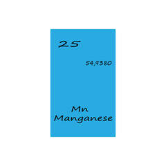 Twenty five 25 Mn. Manganese element display. Number 54 point 9380. Vector periodic table.