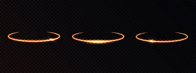 Halo, glowing angel rings, light circles. Vector design elements. Oval gold forms, elegant icons isolated on dark background