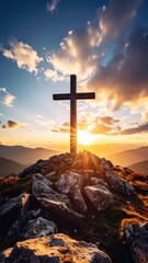 Cross on mountaintop at sunset