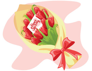 happy spring. top view of beautiful red tulips bouquet in wrapping paper and ribbons