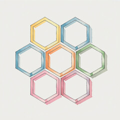 Flat infographic of six pastel-colored hexagons arranged in a honeycomb pattern