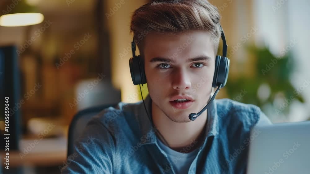 Poster a man in a professional setting wearing a headset and using a laptop for work.