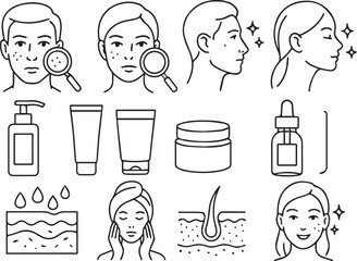 Line art of skincare products and treatments for acne, skin care routine, with faces, cosmetic bottles, and beauty elements, acne skin problem icon