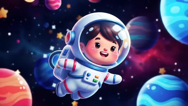 Happy Cartoon Astronaut Floating Among Planets in Colorful Space Environment