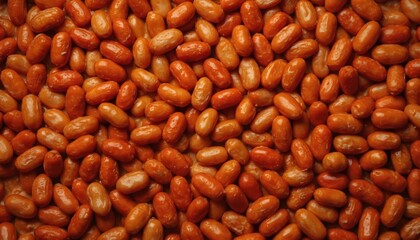 Macro view of baked beans in tomato sauce. Repeating pattern of oval shaped beans coated in rich orange sauce, creating a dense texture. Healthy organic food, perfect for breakfast or lunch meal.