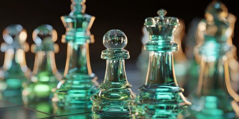 Teal glass chess pieces strategic positioning