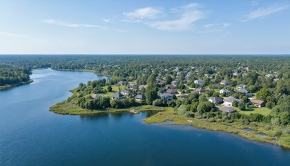 Obraz premium Bird eye view of serene lakeside neighborhood. Residential homes nestled among green trees border calm blue water. Suburban community offers peaceful living, architectural design, outdoor nature