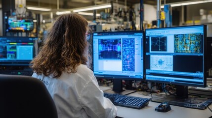 Innovative researcher in an ecofriendly laboratory setting finetunes climate models through quantum computing. Surrounded by futuristic technology and interactive visualizations they