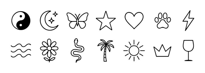 Minimalist Hand Drawn Symbol Icon Set in Black Line Doodle Style