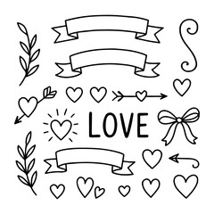 Romantic Hand Drawn Love Elements Set with Hearts, Ribbons and Arrows