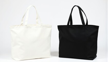 Two blank canvas tote bags, one white, one black, presented against neutral background. Versatile cotton bags feature sturdy handles, perfect for shopping, groceries, daily errands. Minimalist design