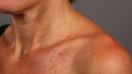 Fototapeta premium Detailed view of reddened skin with cluster of tiny raised pink dots on shoulder area demonstrating common symptom of photosensitive dermatitis.
