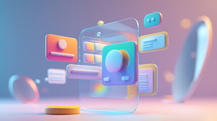 A transparent smartphone with floating app icons and interface elements, showcasing digital technology.