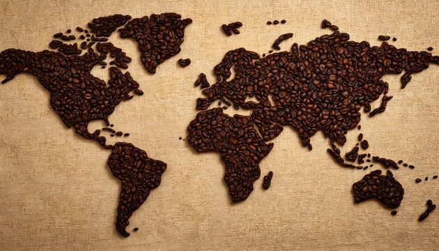 World map crafted from roasted coffee beans on textured burlap. Continents Africa, Asia, Americas, Australia visible. Global coffee trade, agriculture, rich aroma of popular energizing beverage.