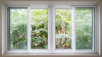 Closed PVC window in a softly lit room with a clean and simple composition.
