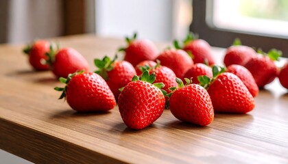 A vibrant collection of fresh strawberries displayed on a wooden surface