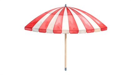 A vibrant watercolor painting of a red and white striped beach umbrella isolated on white