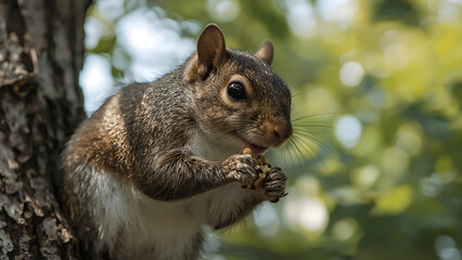 Fototapeta premium Gray squirrel perched on a tree trunk, eating a nut.