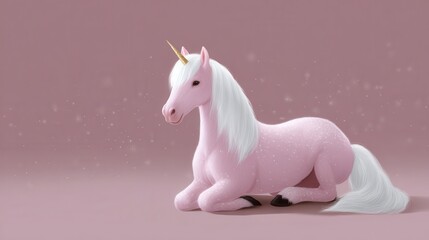 Enchanting Unicorn Illustration: A mythical unicorn of captivating charm, adorned with a majestic golden horn, rests gracefully on a soft, pastel canvas, embodying the essence of magic and fantasy.