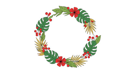 Tropical holiday wreath design featuring lush green leaves red hibiscus flowers and berries