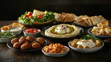 Assorted middle eastern dishes arranged on a dark wooden table.