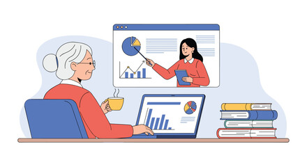 Older woman attends online business meeting with presentation showing growth charts and graphs