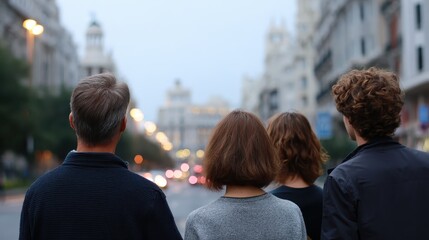 Fototapeta premium City Stroll: Four individuals stroll along an avenue, their backs turned towards the camera, as they admire the grandeur of the city's architecture under a twilight sky.